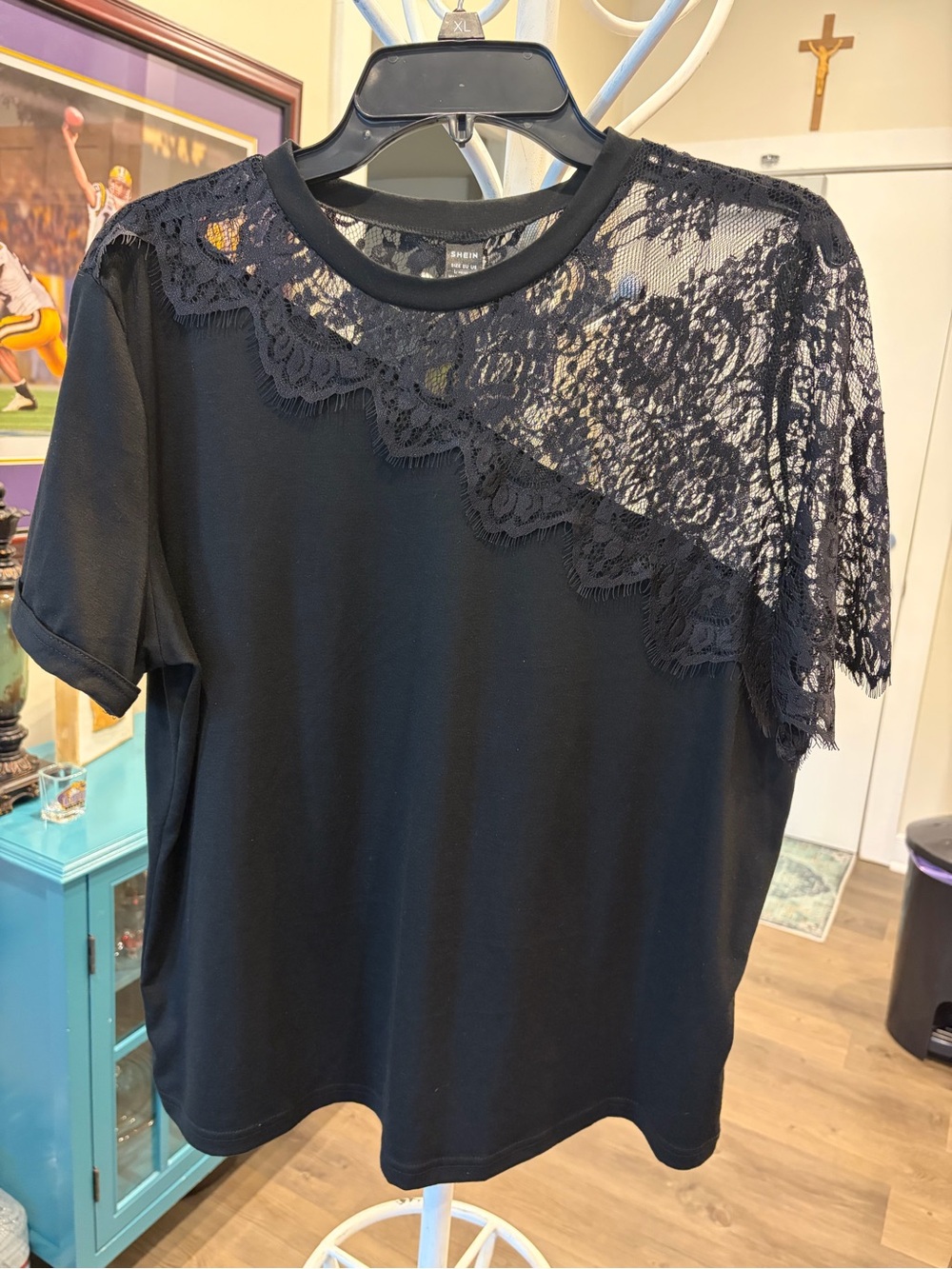 SHEIN Black Short Sleeve Tee with Asymmetrical Lace Yoke Size L
